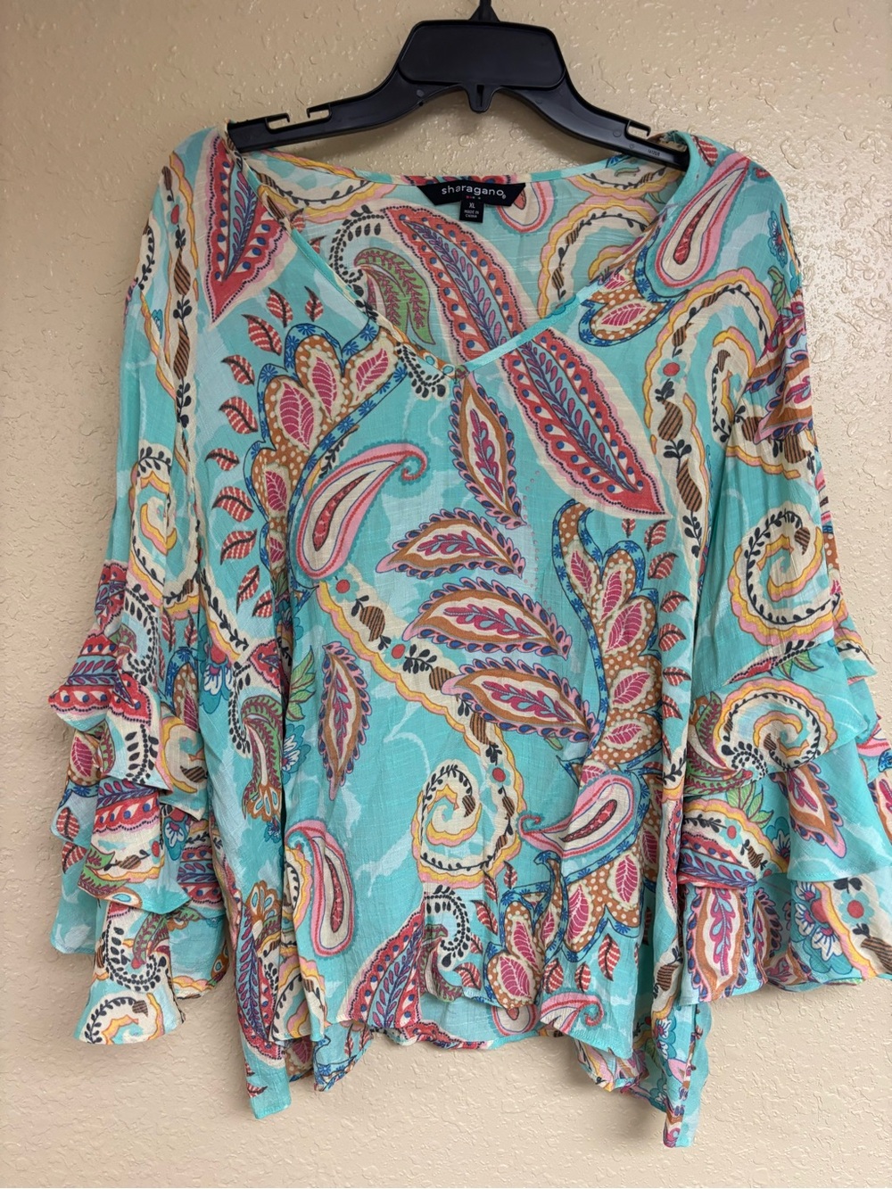 Sharagano Turquoise Multicolor Paisley V-Neck Ruffle Sleeve Tunic